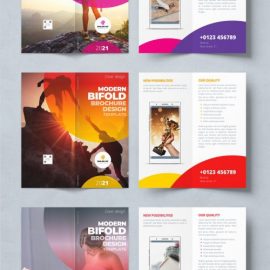 Purple and Pink and Blue Gradient Bifold Brochure Layout with Circles 357915953