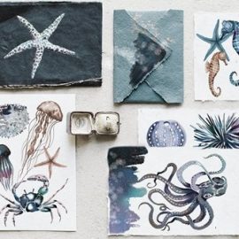 Watercolor ocean creatures set