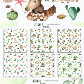 Watercolor jungle babies animals Clipart Free Download