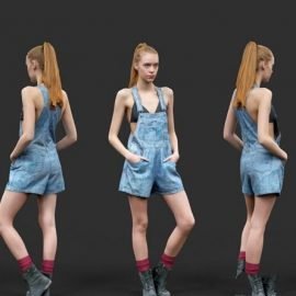 Girl in Jeans Salopet Red Socks and Boots Scanned 3D Model Free Download