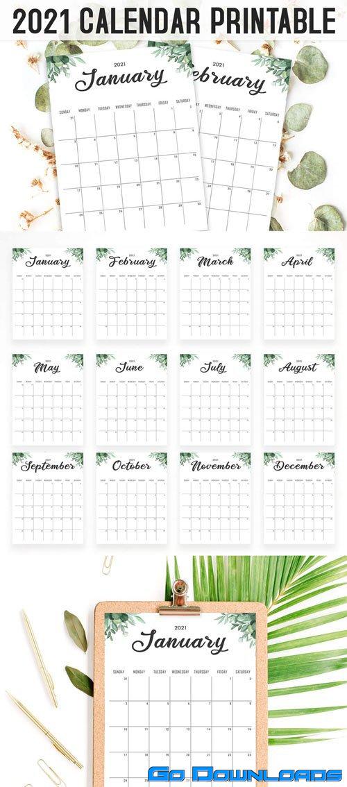 Minimal Floral Calendar 2021 Printable  Templates  12 Months