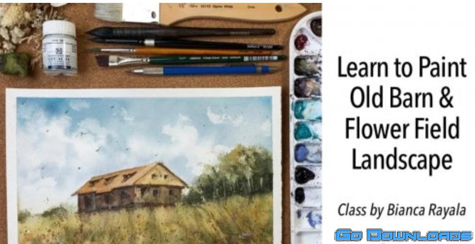 Old Barn and Flower Field Landscape Painting in Watercolor