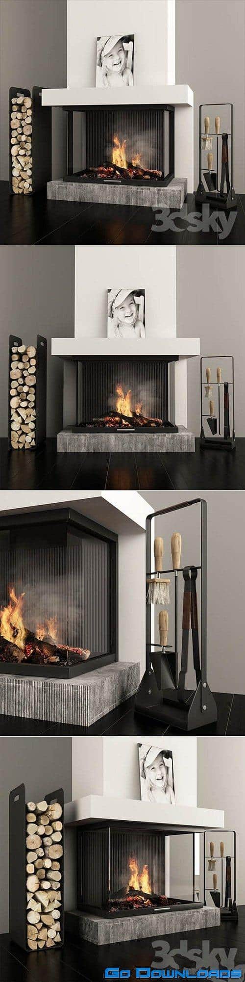 Fireplace and accessories 3d Model Free Download