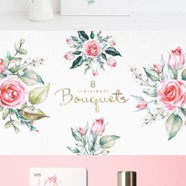 Pink Roses Watercolor Floral Bundle Free Download