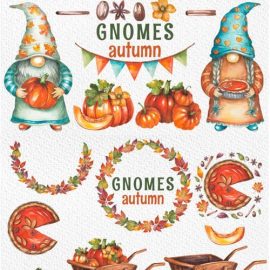 35 Watercolor Gnomes Autumn Cliparts + 10 Patterns Free Download