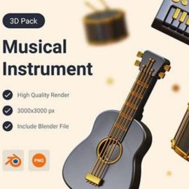 Acoustic Guitar Drum & Piano 3D Illustration Free Download