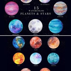 15 watercolor planets and stars set Free Download